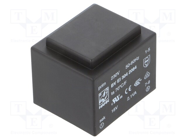 Transformer: encapsulated; 2.1VA; 230VAC; 18V; 117mA; Mounting: PCB