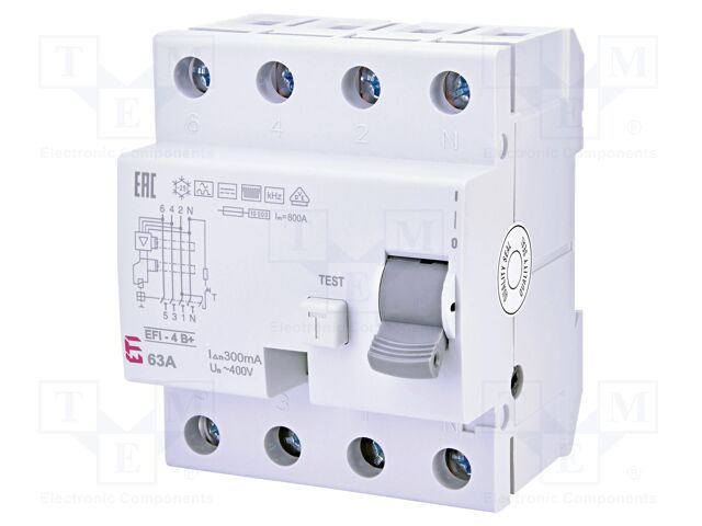 RCD breaker; Inom: 63A; Ires: 300mA; Poles: 4; 230V,400V; IP20; EFI
