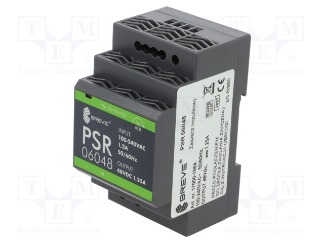 Power supply: switched-mode; for DIN rail; 60W; 48VDC; 1.25A; IP20