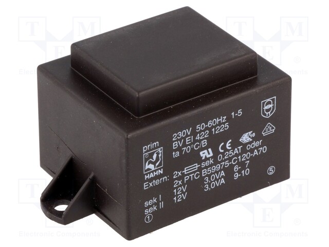 Transformer: encapsulated; 6VA; 230VAC; 12V; 12V; 250mA; 250mA; 200g