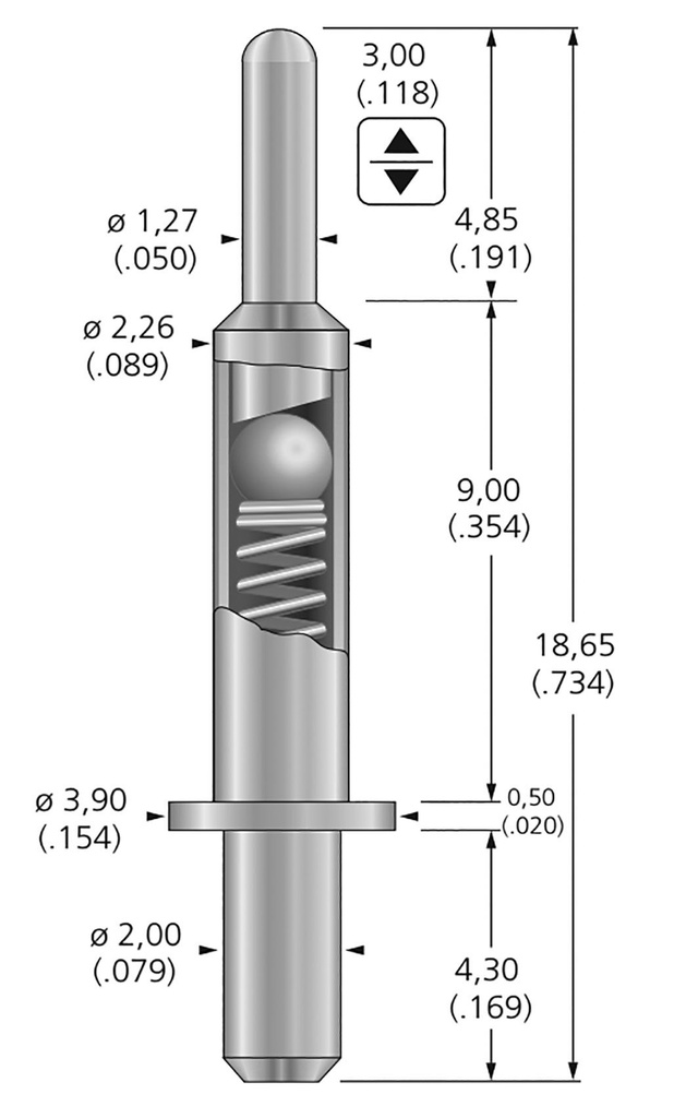 Test needle; Operational spring compression: 2mm; 3A; Ø: 1.27mm