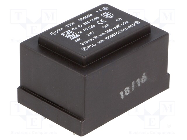 Transformer: encapsulated; 5VA; 230VAC; 24V; 208mA; Mounting: PCB