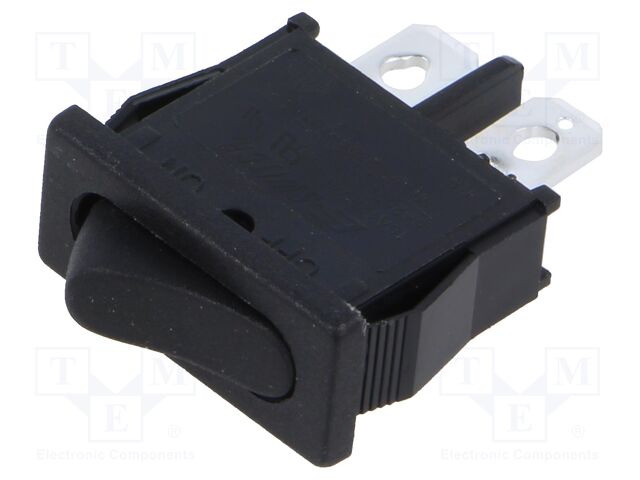 ROCKER; SPST; Pos: 2; (ON)-OFF; 6A/250VAC; black; Rcont max: 20mΩ