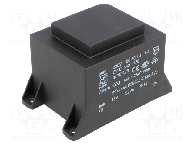 Transformer: encapsulated; 22VA; 230VAC; 18V; 1223mA; Mounting: PCB