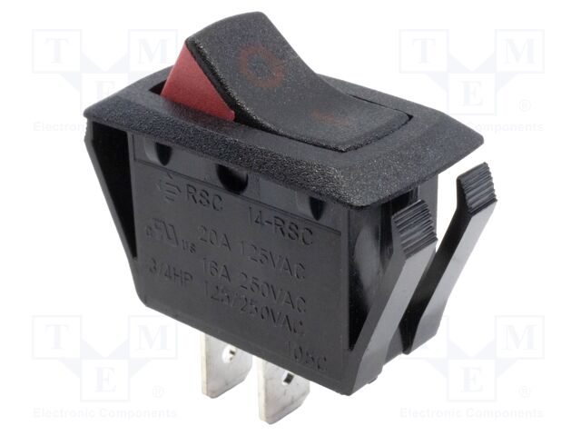 ROCKER; SPST-NO; Pos: 2; OFF-ON; 16A/250VAC; black-red; none; RSC