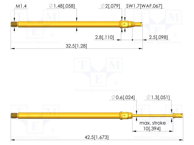 Test needle; Spring compression: 6mm; 10mm; 1A; steel; gold-plated