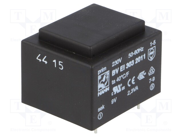 Transformer: encapsulated; 2.3VA; 230VAC; 9V; 255mA; Mounting: PCB