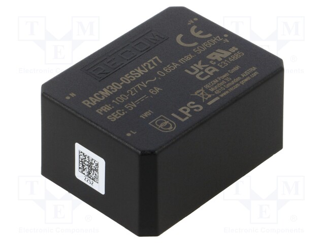Converter: AC/DC; 30W; 85÷305VAC; 5VDC; Iout: 6A; 86%; PCB; 4000V