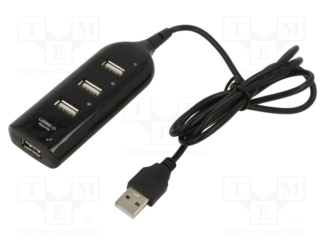 Hub USB; USB A socket x4,USB A plug; USB 2.0; black; 0.4m