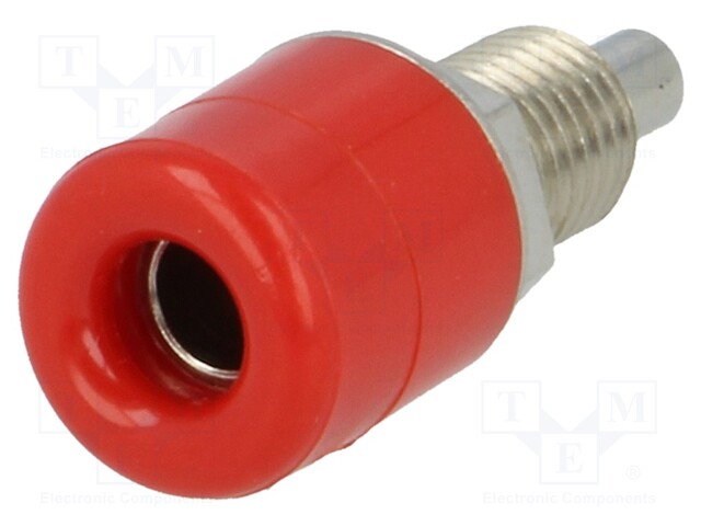 Socket; 4mm banana; 16A; 60VDC; Cutout: Ø8.1mm; red; screw,on panel