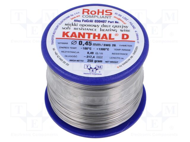 Resistance wire; 8.49Ω/m; -100÷1300°C; 0.25kg; Øout: 0.45mm; 26SWG