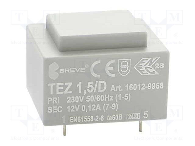 Transformer: encapsulated; 1.5VA; 230VAC; 12V; 125mA; Mounting: PCB