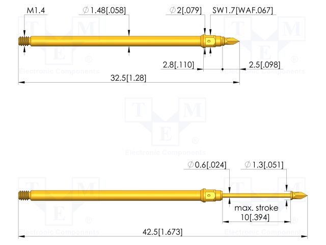 Test needle; Spring compression: 6mm; 10mm; 1A; steel; gold-plated