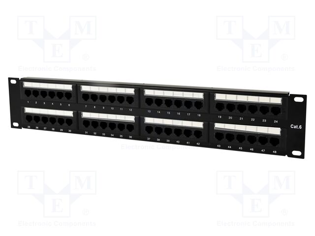 Patch panel; black; Number of ports: 48; Cat: 6; RJ45 socket x48