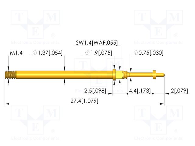 Test needle; Spring compression: 3.5mm; 4.4mm; 5A; CuBe; Ø: 0.65mm