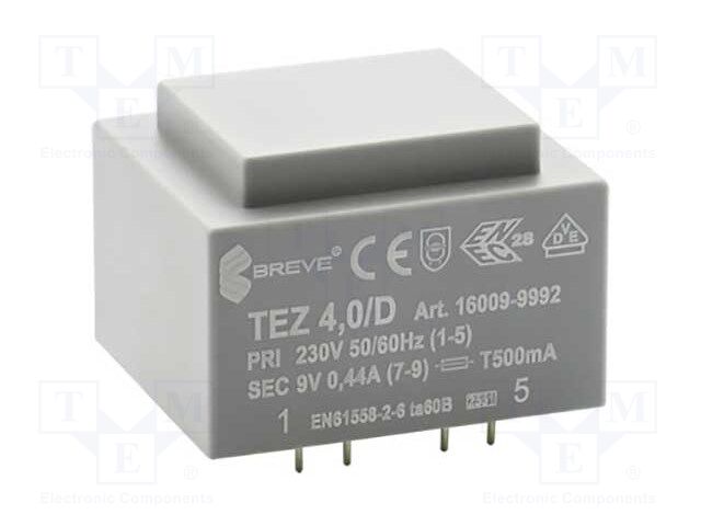 Transformer: encapsulated; 4VA; 230VAC; 9V; 444.4mA; Mounting: PCB