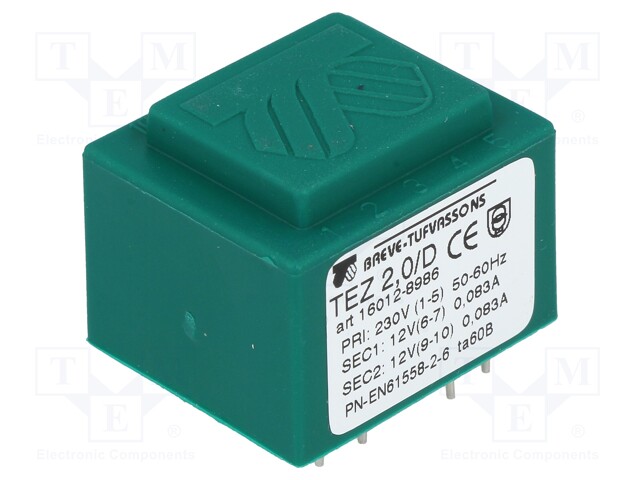 Transformer: encapsulated; 2VA; 230VAC; 12V; 12V; 83.3mA; 83.3mA