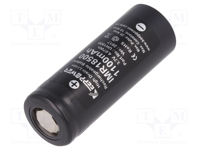 Re-battery: Li-Ion; 18500; 3.7V; 1100mAh; Ø18.5x50mm; 10A