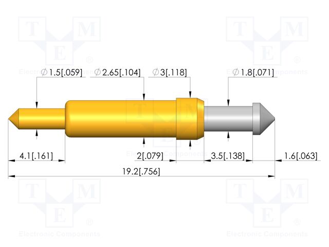 Test needle; Spring compression: 2.8mm; 3.5mm; 8A; CuBe; Ø: 2.3mm