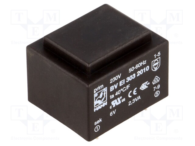 Transformer: encapsulated; 2.3VA; 230VAC; 6V; 383mA; Mounting: PCB