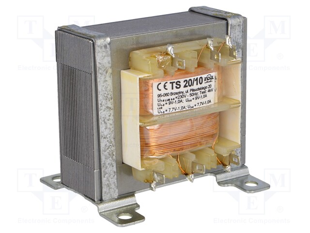 Transformer: mains; 20VA; 230VAC; 9V; 9V; 7.7V; 7.7V; 1A; 1A; 1A; 1A