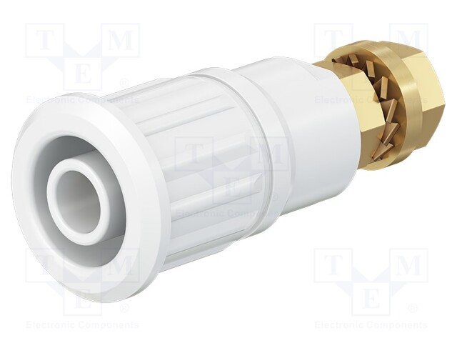 Socket; 4mm banana; 32A; 1kV; white; gold-plated; on panel