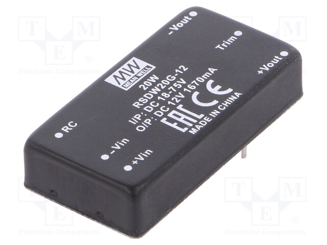Converter: DC/DC; 20W; Uin: 18÷75V; 12VDC; Iout: 1670mA; 2"x1",DIP