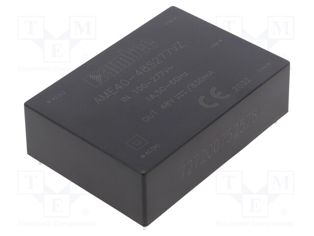 Converter: AC/DC; 40W; Uout: 48VDC; Iout: 0.83A; 84%; Mounting: PCB