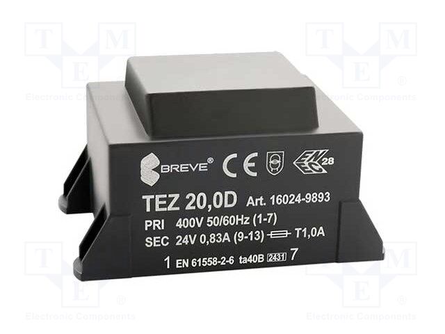 Transformer: encapsulated; 20VA; 400VAC; 24V; 833.3mA; IP00; 600g
