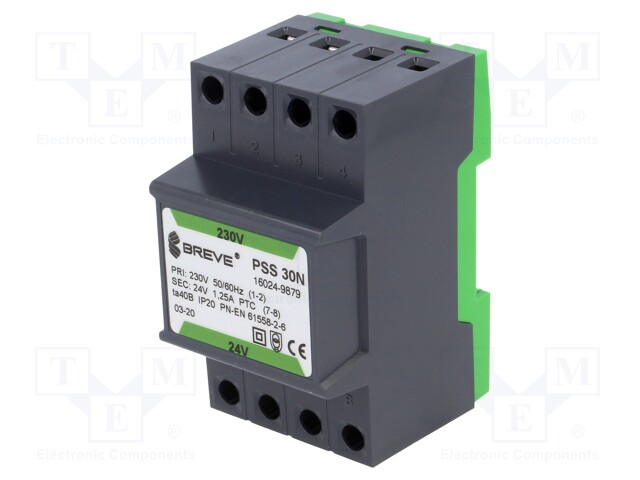Transformer: safety; 30VA; 230VAC; 24V; IP30; Mounting: DIN