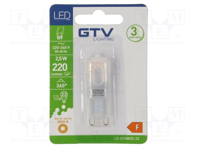 LED lamp; warm white; G9; 230VAC; 220lm; 2.5W; 360°; 3000K