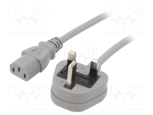 Cable; 3x1mm2; BS 1363 (G) plug,IEC C13 female; PVC; 3m; grey; 3A