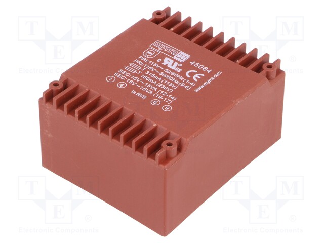 Transformer: encapsulated; 30VA; 115/230VAC; 15V; 15V; 1A; 1A