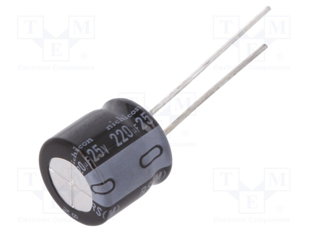 Capacitor: electrolytic; THT; 220uF; 25VDC; Ø10x9mm; Pitch: 5mm