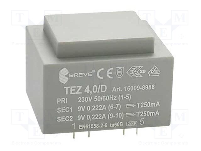Transformer: encapsulated; 4VA; 230VAC; 9V; 9V; 222.2mA; 222.2mA