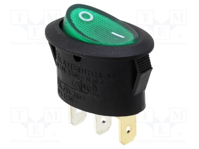 ROCKER; SPST; OFF-ON; 10A/125VAC; green; none; RE1; Body: black