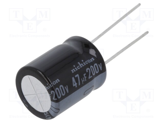 Capacitor: electrolytic; THT; 47uF; 200VDC; Ø16x20mm; Pitch: 7.5mm