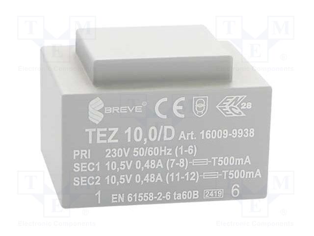 Transformer: encapsulated; 10VA; 230VAC; 10.5V; 10.5V; 476.1mA