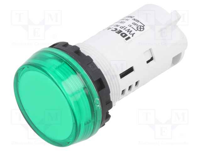 LED Panel Mount Indicator, Green, 240 VAC, 22 mm, 20 mA, IP65