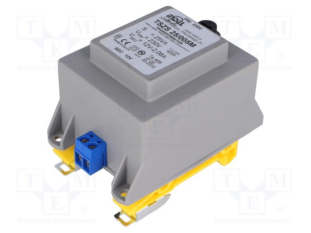 Transformer: encapsulated; 25VA; 230VAC; 12V; 2.08A; Mounting: DIN