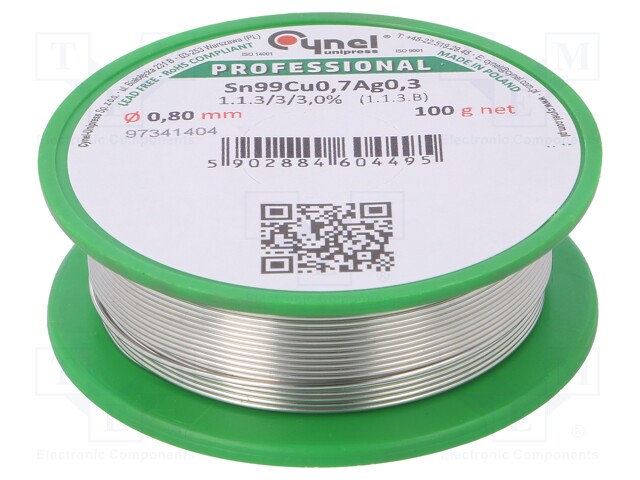 Soldering wire; Sn99Ag0,3Cu0,7; 0.8mm; 100g; lead free; 216÷227°C