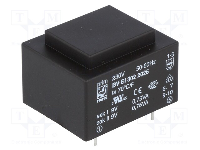 Transformer: encapsulated; 1.5VA; 230VAC; 9V; 9V; 83mA; 83mA; 70g