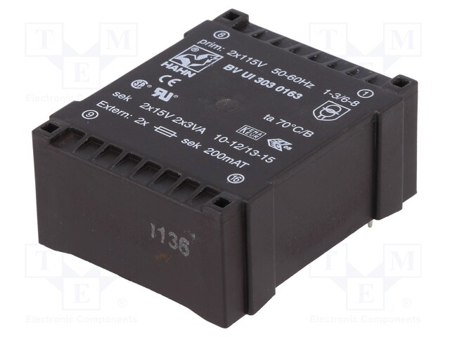 Transformer: encapsulated; 6VA; 115/115VAC; 15V; 15V; 200mA; 200mA
