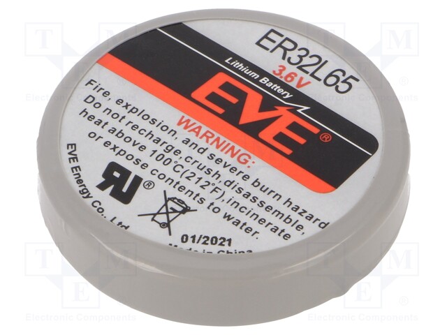 Battery: lithium; 3.6V; 1/10D; 3pin; Ø32.9x7.1mm; 1000mAh