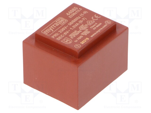 Transformer: encapsulated; 1.5VA; 230VAC; 6V; 250mA; Mounting: PCB