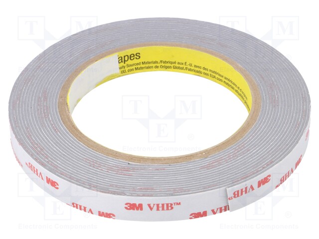 Tape: fixing; W: 12mm; L: 5m; Thk: 1.1mm; acrylic; grey