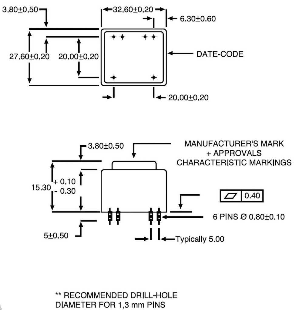 Transformer: encapsulated; 0.6VA; 230VAC; 15V; 40mA; Mounting: PCB