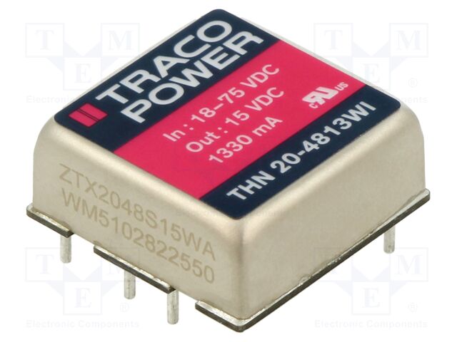 Converter: DC/DC; 20W; Uin: 18÷75V; 15VDC; Iout: 1330mA; 1"x1"; 15g