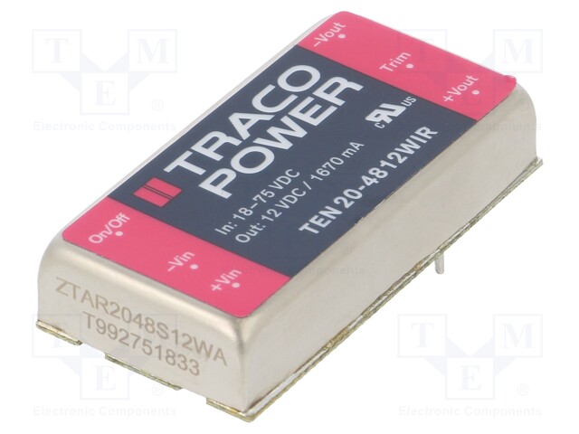 Converter: DC/DC; 20W; Uin: 18÷75V; 12VDC; Iout: 1670mA; 2"x1"; 30g