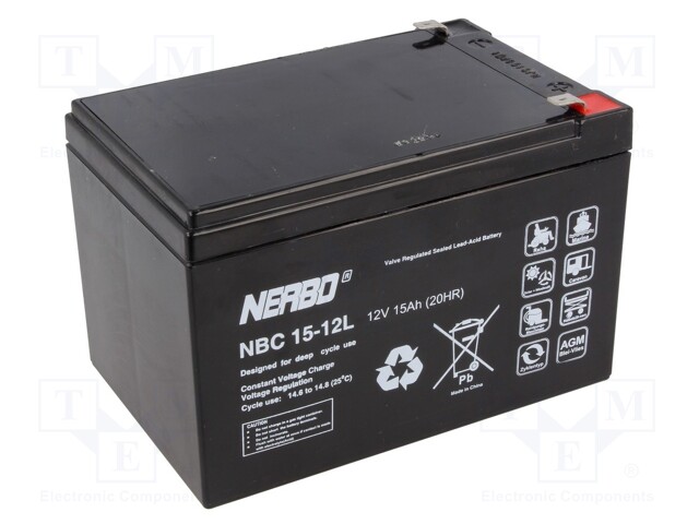 Re-battery: acid-lead; 12V; 15Ah; AGM; maintenance-free